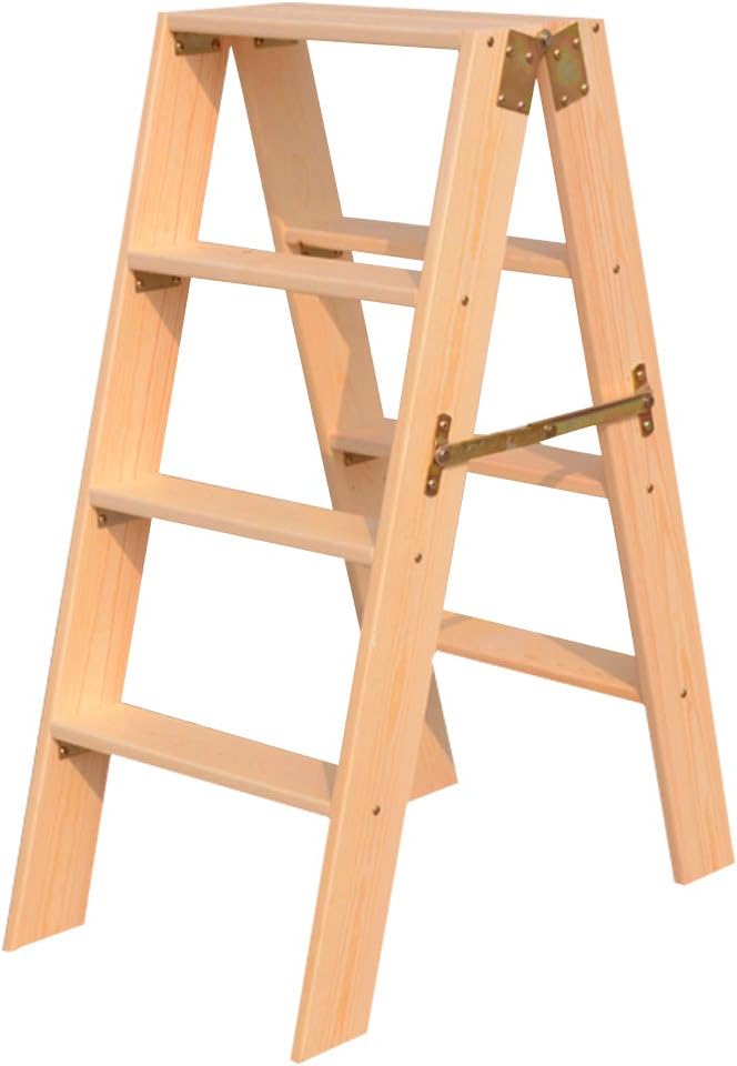 Solid Wood Fold Up 4-Steps Ladder with Thickening Wide Pedal Attic Kitchen Office Stair Stool Chair Household Indoor Stepladder for Adults,Wood Color
