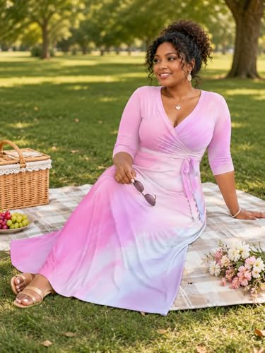 Image of Plus Size Dresses for Women Print Maxi Dresses 3 /4 Sleeve with Belt