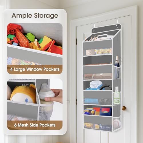 1 Pack Over The Door Organizer, Hanging Storage Organizer with Clear Window, 40lb Ultra Sturdy Large Capacity Room Organizer for Pantry Laundry Bathroom Nursery Closet Baby Essential (Grey) - Image 5