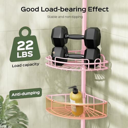 Image of HAMITOR Corner Shower Caddy Tension Pole: 4-Tier Bathroom Organizer Pink | Rust-Resistant Pink Large Capacity Bathroom Organizer, No-Drill Quick Install, Adjustable Shelves, 47.7-123.6In