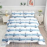 Datura home Anchor Comforter Sets for Boys Girls Kids,Blue White Stripes Starfish Anchor,Duvet 3Pcs in Quilt Sets with 1 Comforter and 2 Pillowcases All Season(Blue White Twin)