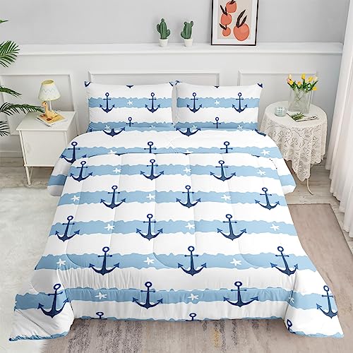 Datura home Anchor Comforter Sets for Boys Girls Kids,Blue White Stripes Starfish Anchor,Duvet 3Pcs in Quilt Sets with 1 Comforter and 2 Pillowcases All Season(Blue White Twin)
