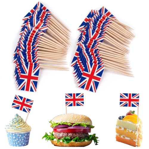HOMAVEL Union Jack Cocktail Sticks 100 Pack - Great Britain Flag Cake Picks - British Patriotic Food Toppers for Baking Party Buffets Sandwiches Cupcakes - UK for Street Parties Royal Celebrations