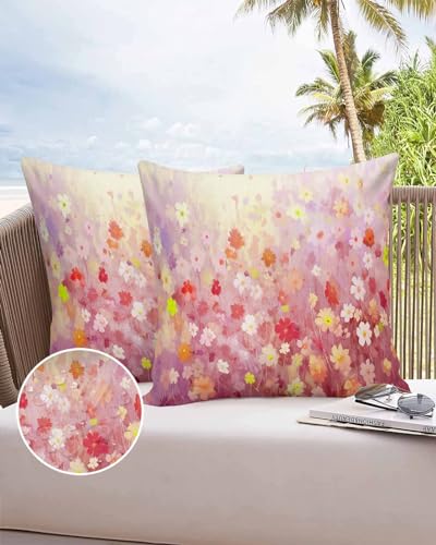 Boanket Outdoor Pillow Covers 20 x 20 in, Orange Spring Floral Waterproof Throw Pillow Cover Set of 2, Summer Daisy Botanical Oil Painting Home Decorative Square Cushion Covers for Patio/Couch/Garden