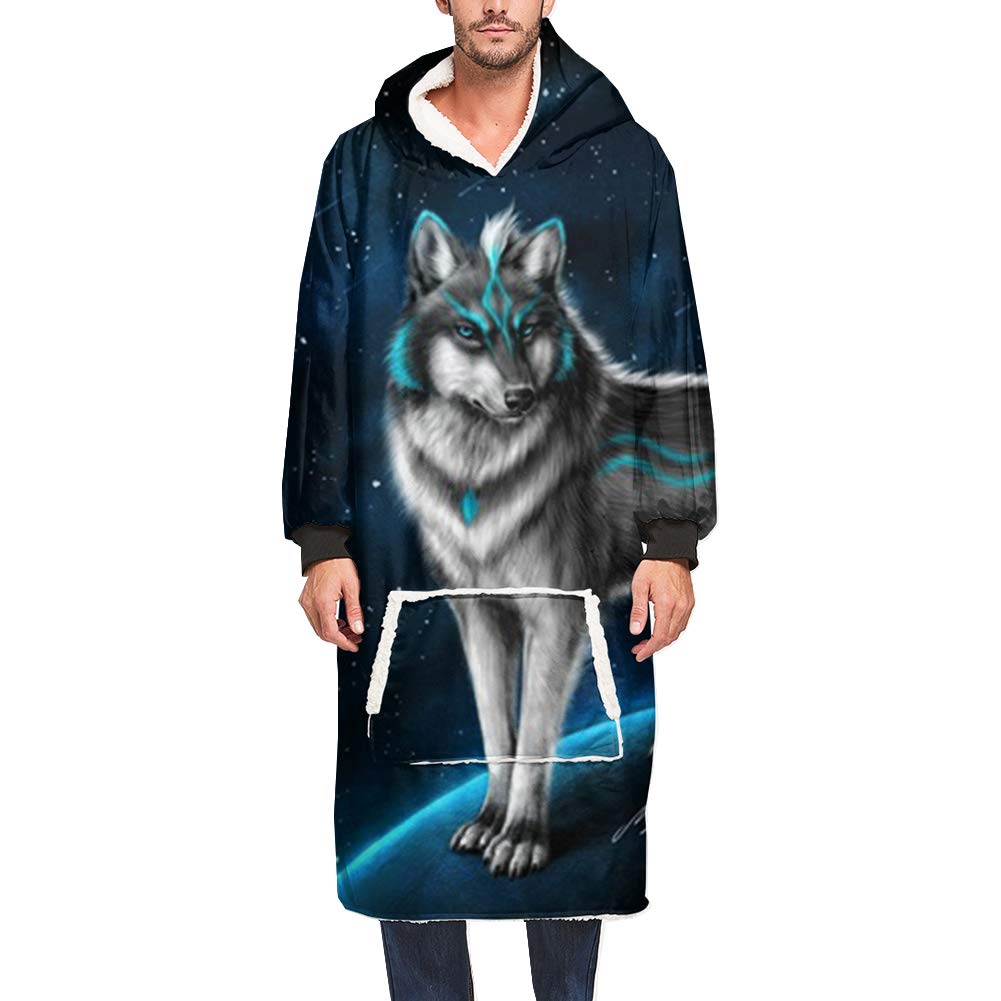 Oversized Hoodie Sweatshirt Blanket,3D Animal Wolf Print Super Soft Plush Fluffy Sherpa Hoodie Wearable Giant Hoody Pullover with Warm Front Pocket Fits Adults Men Women