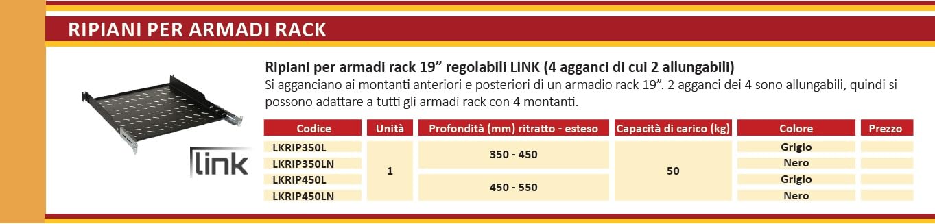 Link LKRIP450L - Ripiano in acciaio per armadio rack 19" universale (profondità 45-55 cm, grigio chiaro RAL7035) – 4 agganci frontali e posteriori – Portata 50 kg e superficie traforata per aerazione