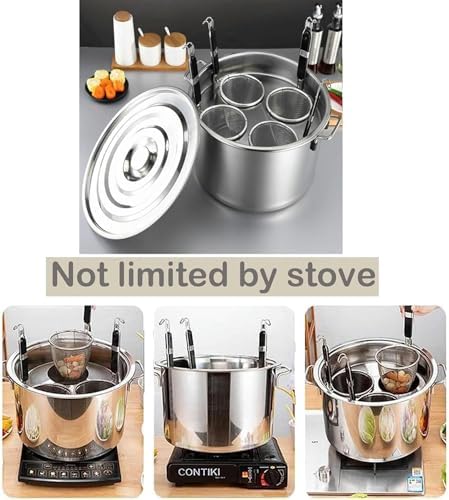 The stockpot with multiple strainer baskets inserted, demonstrating compatibility with various cooktops.