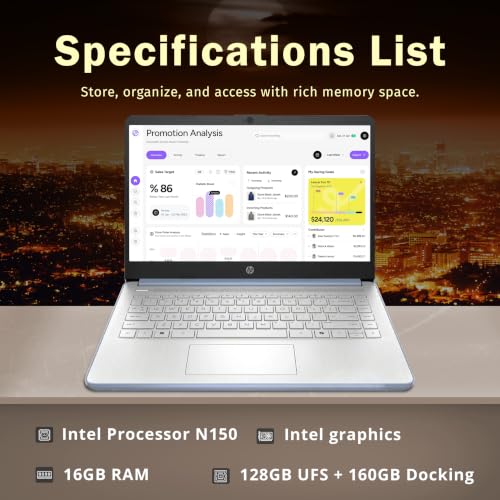 Image of HP Stream 14 inch HD Student & Business Laptop, Intel Processor N150, 16GB RAM, 288GB Storage (128GB UFS + 160GB Docking Station), Intel Graphics, 1 Year Office 365, Wi-Fi 6, Win 11, Sky Blue