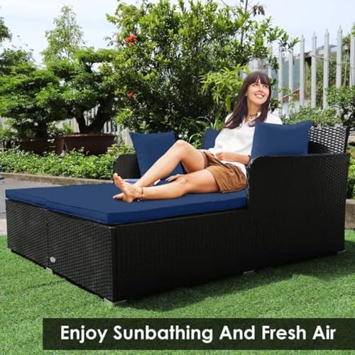 Image of BRISHI Outdoor /Pool Side /Garden /Balcony /Porch /Backyard /Terrace /Patio /Beach /Rectangular Sofa Sunbed Wicker and Rattan Daybed (Black-Blue)