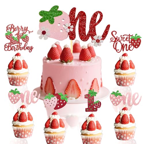 Berry 1st Birthday Cake Topper，Sweet One Strawberry Cupcake Toppers，Sweet Fruit Theme First Birthday Strawberry One Cake Pink One Decoration for Baby Shower Party