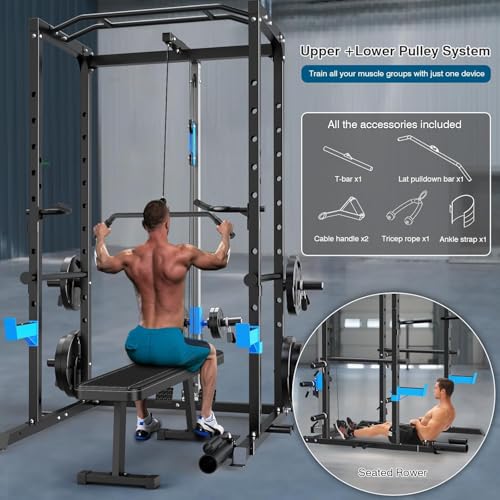 Image of ULTRA FUEGO Power Cage, Multi-Functional Power Rack with J-Hooks, Dip Handles, Landmine Attachment and Optional Cable Pulley System for Home Gym (Power Cage with 240LB Weights, Blue)