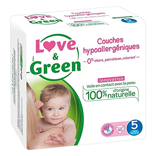 Love & Green Couches Hypoallergéniques Innovation Taille 5 (11-25Kg) x40 (lot de 2 soit 80 couches)