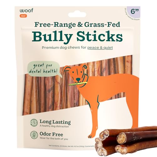WOOF Bully Sticks Dog Treats – Chew Sticks for Dogs – Long-Lasting Dog Chew Treats – Made with Free-Range, Grass-Fed Beef – 6″ Sticks – 25pk