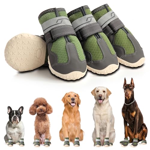 Dog Shoes for Large Dogs: Breathable Medium Dog Boots Paw Protector for Summer Hot Pavement Winter Snow, Outdoor Walking Dog Booties, Indoor Hardfloors Anti-Slip Sole Green 4PCS-Size 7