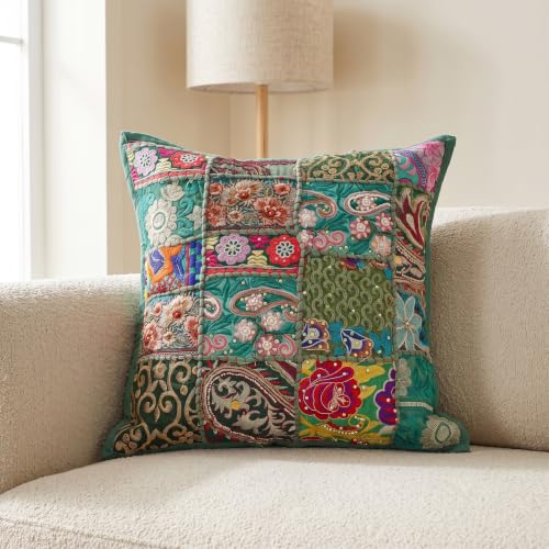 Image of Ravaiyaa - Attitude is everything Set of 5 Handmade Khambadiya Patchwork Cotton Cushion Cover 16X16 Inch | Decorative Cotton Throw Pillow Covers | Bohemian Vintage Embroidered Sofa Cushions