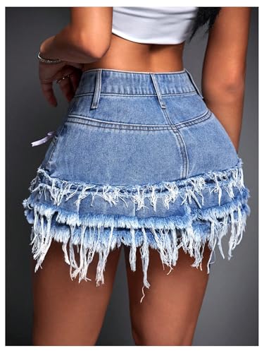 MakeMeChic Women's Denim Skirt Bow Knot Y2K Raw Hem A Line Mini Jean Skirts2