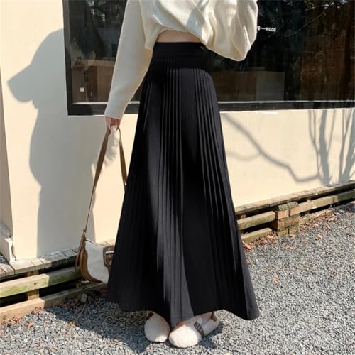 Women Winter Elegant Knitted Midi Skirt High Waist Pleated Korean Slim A Line Skirts3