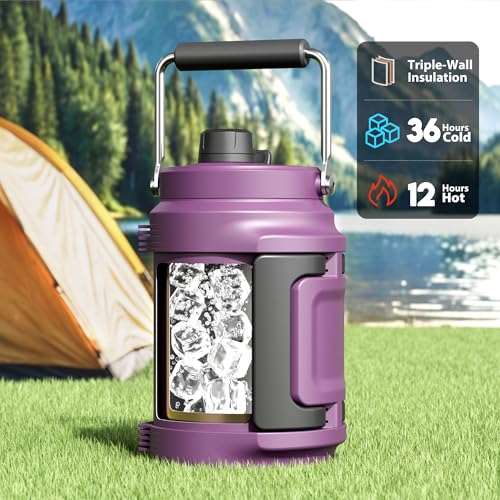 Image of 64 oz Insulated Water Bottle for Gym: Meoky Triple Wall Vacuum Stainless Steel Half Gallon Water Jug - Top and Side Handles, 2-in-1 Straw and Spout Lid, Cold for 36 Hrs, Leak Proof for Camping (Plum)