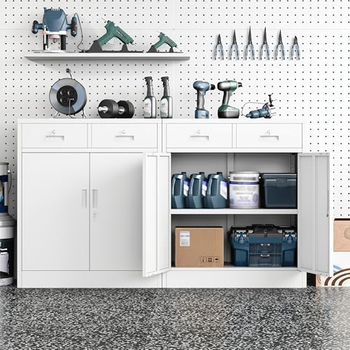 Image of Metal Storage Cabinet, 36 Inch Tall Locking Cabinet with 2 Doors and 2 Drawers, Metal Cabinets with Adjustable Shelf, Garage Cabinets for Kitchen,Garage,Warehouse, White