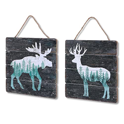 Nikky Home Cabin Wall Decor, Deer Moose Rustic Farmhouse Wooden Bathroom Wall Art Pictures, Country House Elk Animal Woodland Lodge Wildlife Painting Prints Hunting Decoration Set Of 2, Grey #TOP7