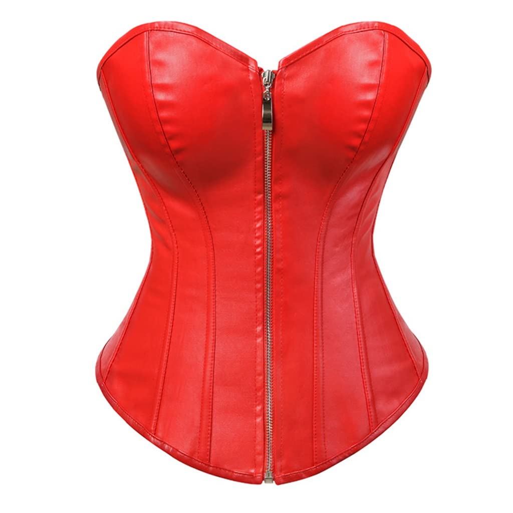 Seksowne gorsety z zamkiem błyskawicznym z przodu plus rozmiar damskie gorsety i gorset bielizna top ze skóry steampunk S-6xl(Red, L)