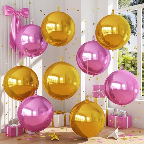 Image of 9 Pcs Pink Gold Round Foil Balloons Baby Light Pink Metallic Gold Chrome 4D Ball Balloons 22 In Orbz Mylar Balloon for Graduation Grad Birthday Wedding Anniversary Party Decorations