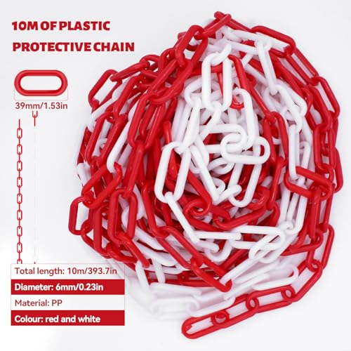 Piuluvor® 10M Absperrkette Rot Weiß Kunststoff Kette Absperrung 6mm Stärke Kunststoffkette zum Absperren von Flächen, Gut Sichtbar, Stabil und Handlich