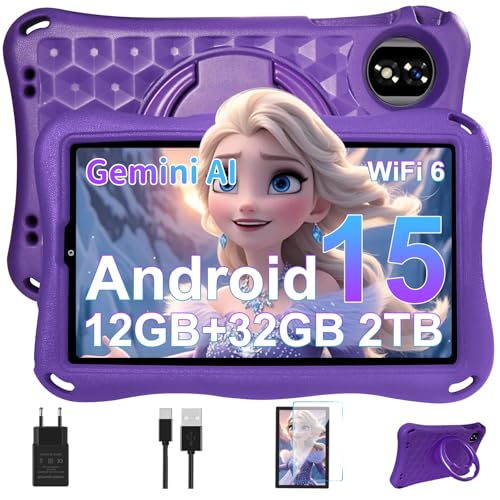Tablet Para Niños 9 Pulgadas Android 15 Gemini AI, 12GB RAM+32GB ROM(TF 1TB),Octa-Core, 5G WiFi 6, GMS Certified, BT 5.0, 8+5MP, 5000mAh,Widevine L1,BT5.0,Control Parental Tablet con EVA Funda-Morado