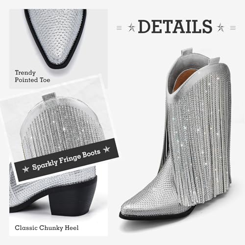 Bybmorto Bybmorto Cowgirl Boots for Women - Silver Rhinestone Sparkly Fringe Cowboy Boots, Pointed Toe Chunky Heel Pull-On Glitter Western Booties for Wedding Size 10