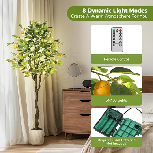 GarveeHome 5 FT Artificial Lemon Tree Indoor, Pre Potted Faux Lemon Tree with Realistic Fruit and Lifelike Leaves, Fake Lemom Plant with 50 Lights for Indoor Home Decor Office Living Room