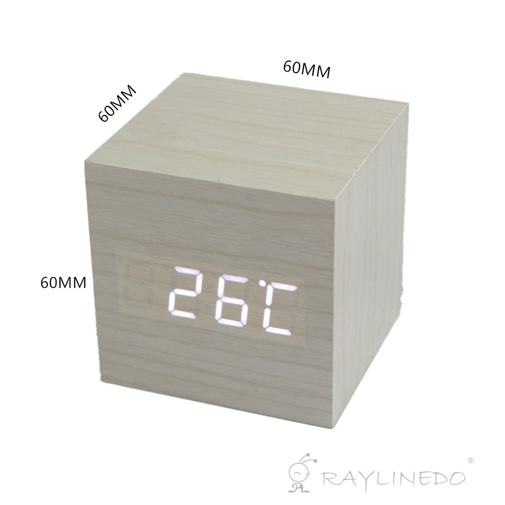 RayLineDo® Fashion White Wood Cube Mini with LED Wooden Digital Alarm Clock -Time Temperature Date Display - Voice and Touch Activated