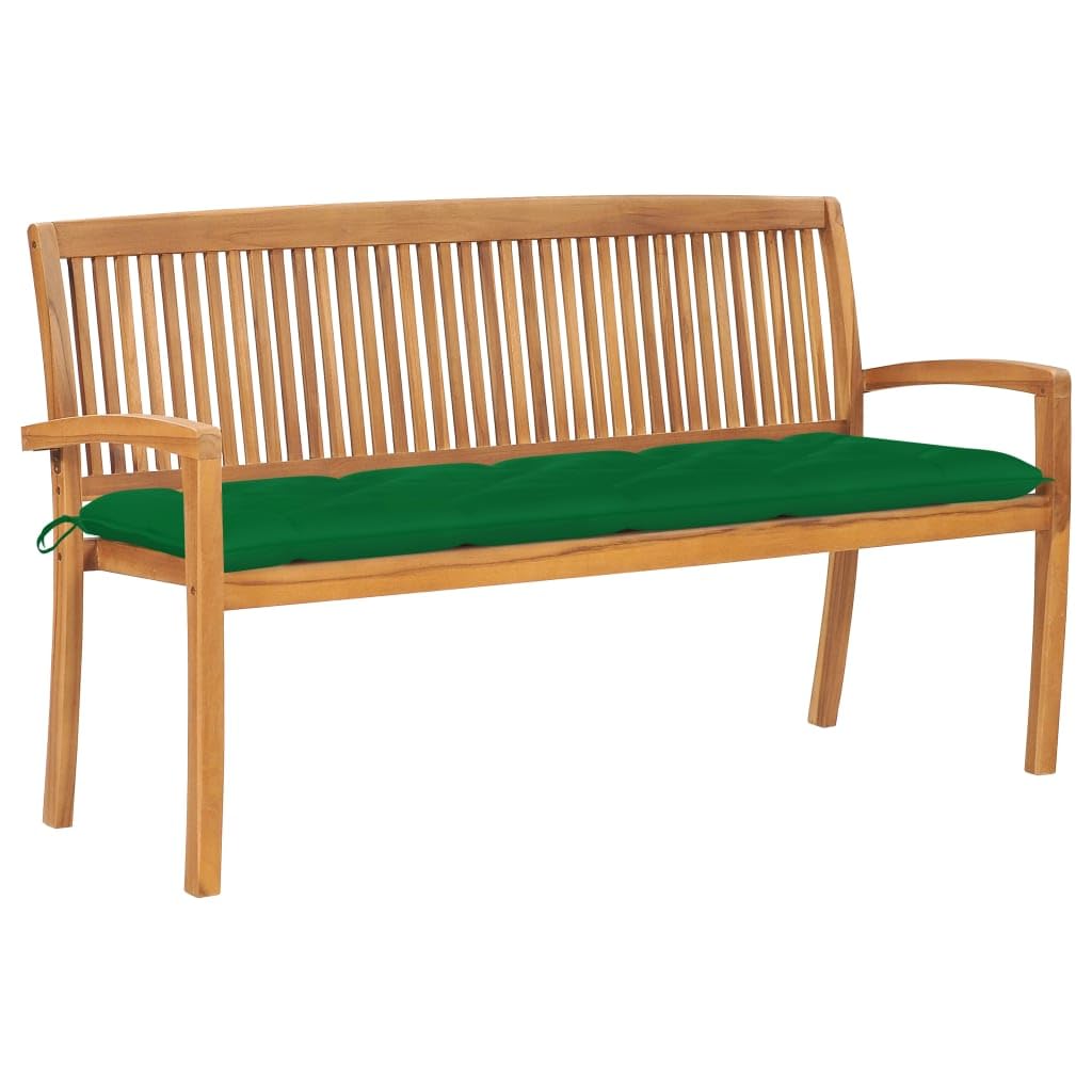 Banco de jardín de teca apilable de 159 cm con cojín verde para terraza y exteriores