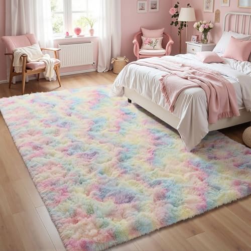 8x10 ft Fluffy Rainbow Area Rug for Bedroom Soft Fuzzy Living Room Rug Non-Slip Shag Rugs Carpet for Nursery Kids Play Room Dorm Office Indoor Modern Plush Carpets