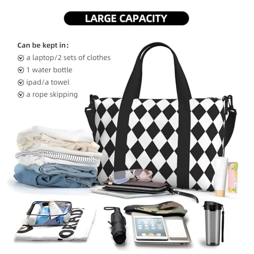Laptop Tote Bag for Women Work - Black White Harlequin Print Overnight Weekender Bags for Women Travel, Gym Duffle Bag for Men, Personal Item Crossbody Travel Bags for Men Carry On4