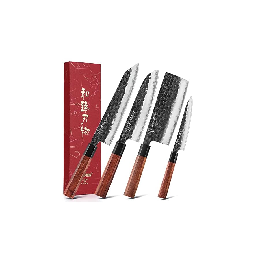 HEZHEN Kitchen Knife Set 4PCS, Clad Steel Chef Knife Nakiri Forged Steel Santoku, Wooden Octagonal Handle