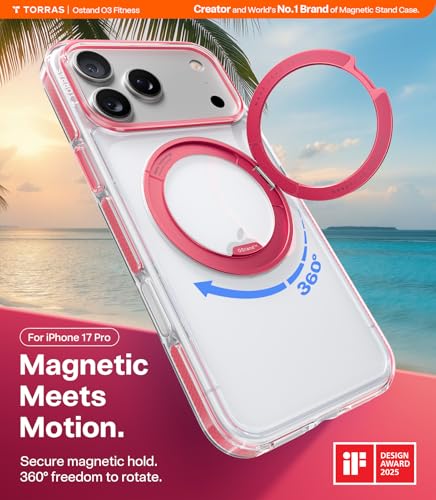 Image of TORRAS 360 Magnetic Stand for iPhone 17 Pro Case, [Rotatable Sturdy Kickstand][Fit for MagSafe][4X Mil-Grade Shockproof] Slim Transparent Phone Cover, Camera Button, Crystal Pink, Ostand O3 Fitness