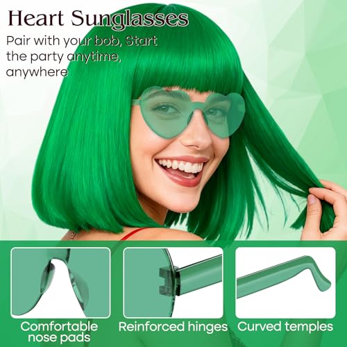 Image of PLULON Green Bob Wig with Bangs, Short Straight Bob Wig with Heart Sunglasses 12 Inch Shoulder Length Heat Resistant Synthetic Hair Cap for Women Natural Look Daily Use Cosplay Halloween Costume Party