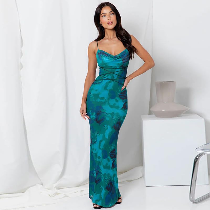 Image of ABINGOO Women Vintage Spaghetti Strap Maxi Dress Sexy Low Cut Backless Floral Satin Slip Long Dress Y2k Cami Bodycon Dresses