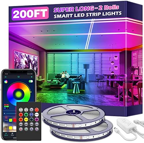 Led Strip Lights, 200ft/60m Long Smart Led Light Strips Music Sync 5050 RGB Color Changing Rope Lights,Bluetooth APP/IR Remote/Switch Box Control Led Lights for Bedroom,Home Decoration,Party,Festival