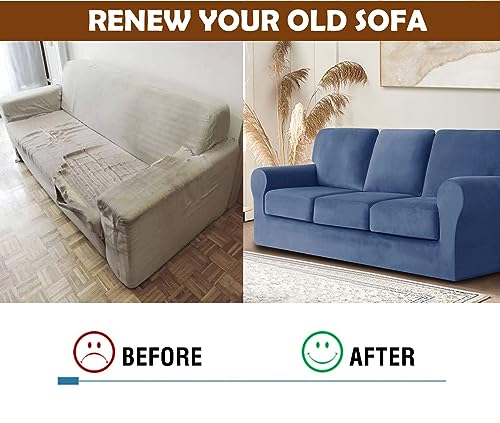 Velvet High Stretch Sofa Covers for 2 Cushion Couch Sofa Slipcovers, Washable Furniture Protector with Drawstring Anti Slip Bottom, Soft and Plush Fabric for Kids and Pet (Dark Blue 7 Pieces) - Image 4