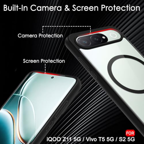 Image of TheGiftKart Hybrid Shockproof Back Cover Case for iQOO Z11 5G / Vivo T5 5G / S2 5G Compatible with MagSafe | Camera Protection Module | Hard Back Cover (PC & TPU, Transparent Clear Back, Black Sides)