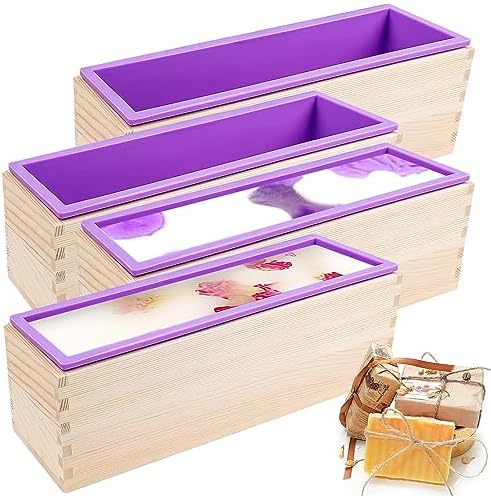 KOYEE 4PCS Flexible Rectangular Soap Silicone Mold with Wood Box DIY Tool for Soap Cake Making 42oz (Purple)