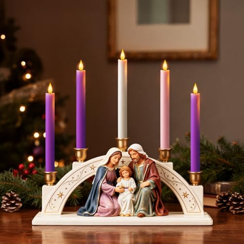 Meigic LED Advent Candles Set of 5, Flameless Taper Candles with Remote, Battery Operated Taper Candlestick Flickering, 3 Purple, 1 Pink, 1 White for Christmas Wreath by Meigic - Used condition - Image 3