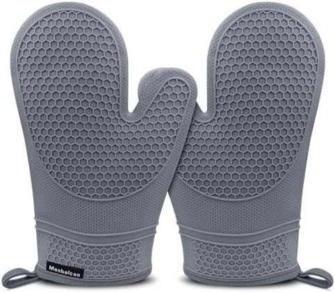 Silicone Oven Mitts Heat Resistant to 500ºF Kitchen Gloves Oven Gloves Silicone Oven Mitt Pair Oven Mitts Set Thickened Waterproof Mittens for Women Men Kitchen Home, 1 Pair (Grey)