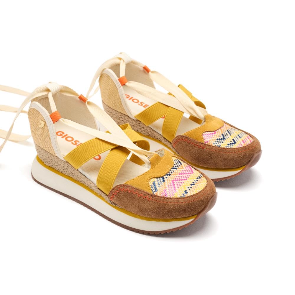 GIOSEPPO Raffia CORNVILLE WEDGE LEATHER OPEN SNEAKERS, Mustard, 8.5 UK