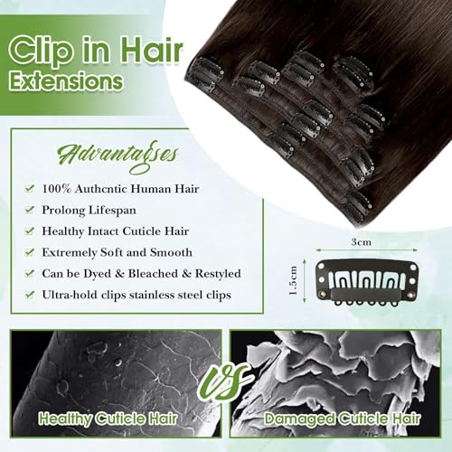 Image of Dark Brown Clip in Hair Extensions Real Human Hair, 18inch /8pcs Seamless Invisible Human Hair Clip in Extensions for Women, 10A Brazilian Virgin Remy Human Hair Extensions Clip ins Double Weft 70g