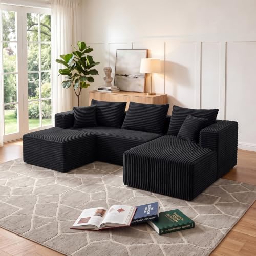 Image of 93 inch Boneless U-shaped Couch for Living Room, Black, Right Facing Chaise