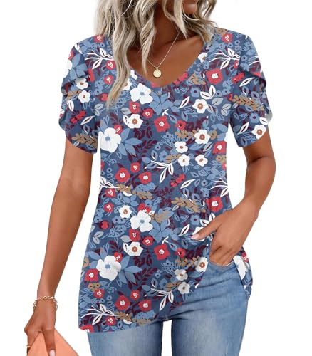 Image of CATHY 2026 Women Tops Summer Short Sleeve Tunic V Neck T-Shirts Loose Casual Floral Blouse S-4XL