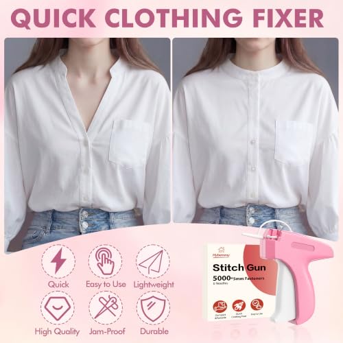 Image of Stitch Gun for Clothes, Tagging Gun, Quick Clothing Fixer, Pink | 5000 Fasteners, 0.04 inch Fine Needle, 6 Needles, Portable, Handheld, Compact, Lightweight, Easy to Use, Versatility, Durable