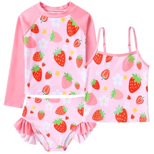 Image of Funnycokid Girls Swimsuit 3 Pieces Long Sleeve Rash Guard Set Tankini Bathing Suits Summer Kids Swimwear 3-10 Years